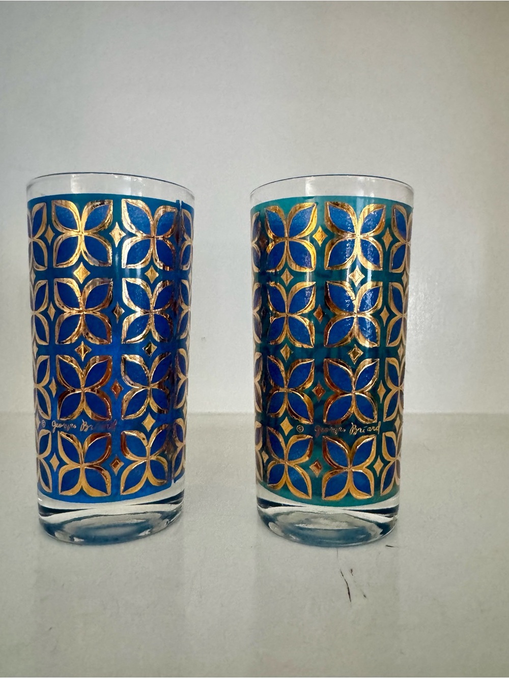 Vtg Georges Briard Firenze Highball Glasses Cobalt Blue Teal 22k Gold MCM Set 2